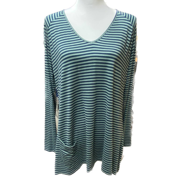 Soft Surroundings Tops - Soft Surroundings Knit Top, Women Size XL, V-Neck Long Sleeve Green Navy Stripe